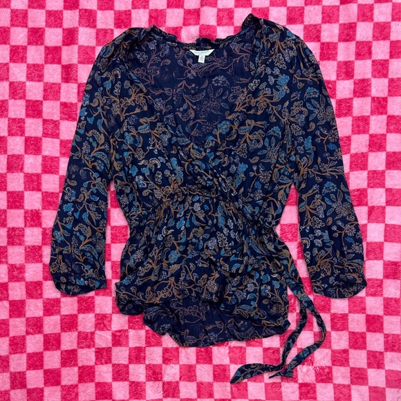 Lucky Brand Tops - Lucky Brand Navy Floral Wrap Top with Orange Accents